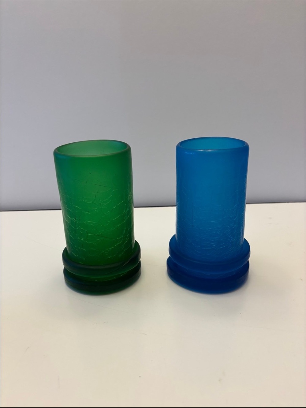 Vintage ZODAX set of blue and green glass cups or candle holders 5 1/8”